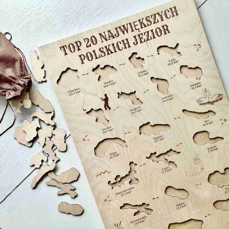 drewniana mapa TOP 20 największych jezior w Polsce